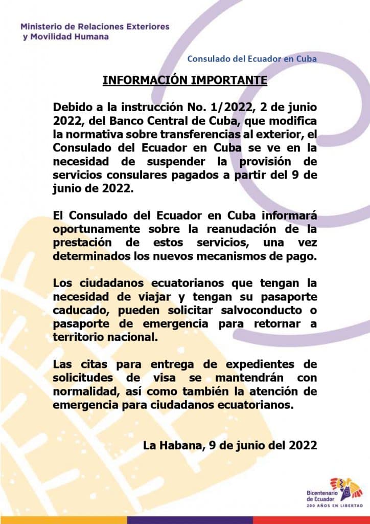 consulado ecuador cuba suspencion servicios consulares